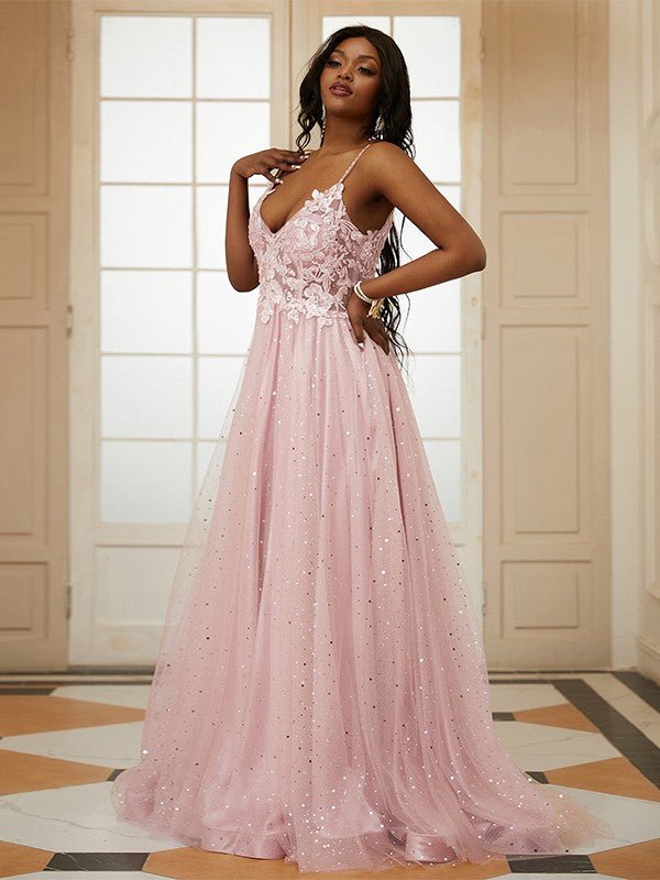 NumberSea - A - Line/Princess Tulle Applique V - neck Sleeveless Sweep/Brush Train Dresses