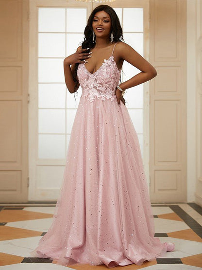 NumberSea - A - Line/Princess Tulle Applique V - neck Sleeveless Sweep/Brush Train Dresses