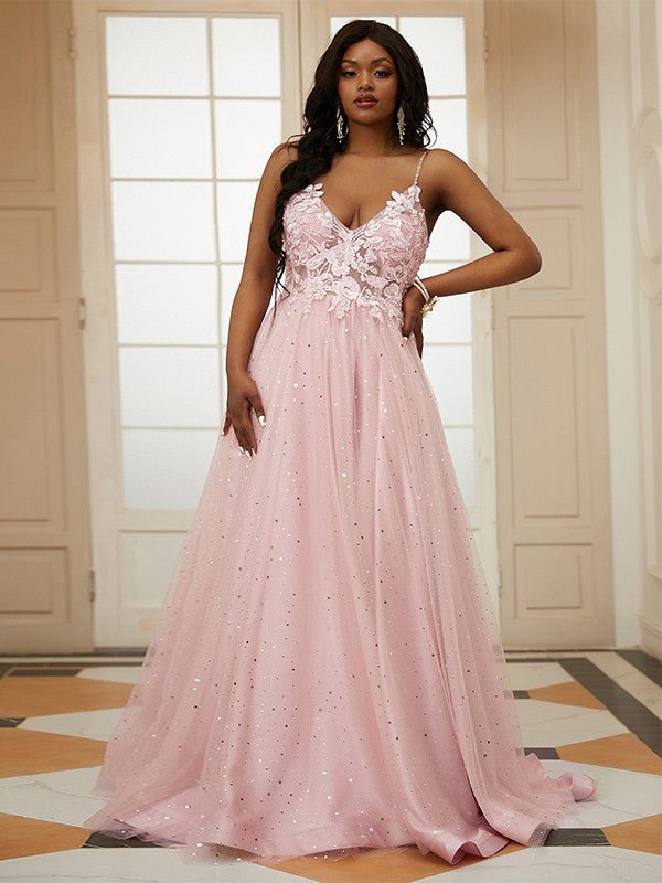 NumberSea - A - Line/Princess Tulle Applique V - neck Sleeveless Sweep/Brush Train Dresses