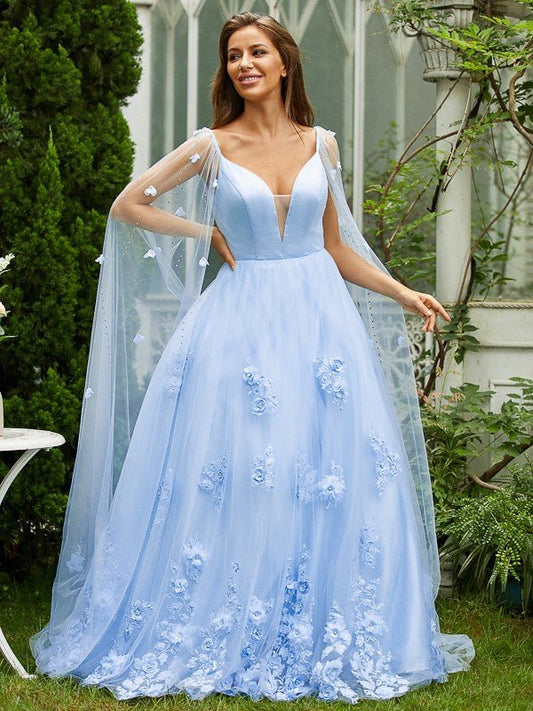 NumberSea - A - Line/Princess Tulle Applique V - neck Sleeveless Sweep/Brush Train Dresses