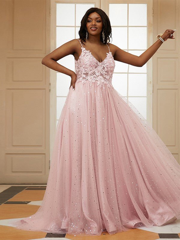 NumberSea - A - Line/Princess Tulle Applique V - neck Sleeveless Sweep/Brush Train Dresses