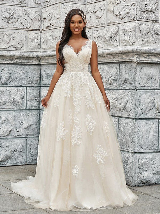 NumberSea - A - Line/Princess Tulle Applique V - neck Sleeveless Sweep/Brush Train Wedding Dresses