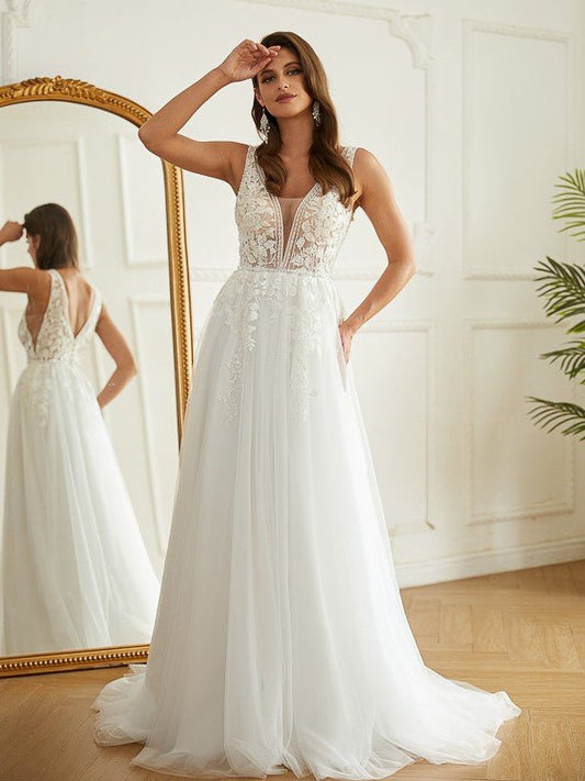 NumberSea - A - Line/Princess Tulle Applique V - neck Sleeveless Sweep/Brush Train Wedding Dresses