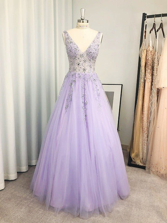 NumberSea - A - Line/Princess Tulle Beading V - neck Sleeveless Floor - Length Dresses