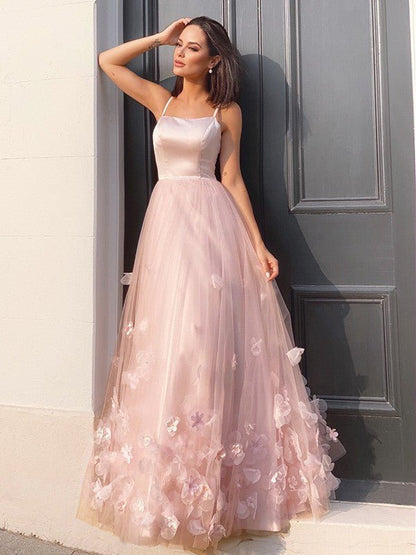 NumberSea - A - Line/Princess Tulle Hand - Made Flower Straps Floor - Length Sleeveless Dresses