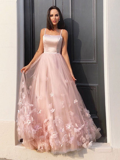 NumberSea - A - Line/Princess Tulle Hand - Made Flower Straps Floor - Length Sleeveless Dresses