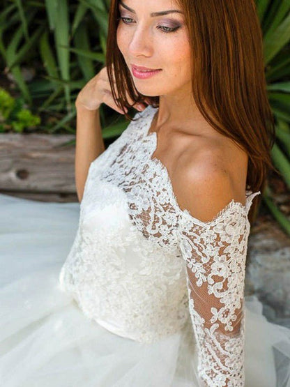 NumberSea - A - Line/Princess Tulle Lace Off - the - Shoulder 1/2 Sleeves Ankle - Length Wedding Dresses