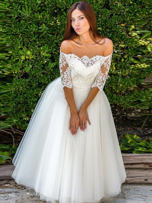 NumberSea - A - Line/Princess Tulle Lace Off - the - Shoulder 1/2 Sleeves Ankle - Length Wedding Dresses