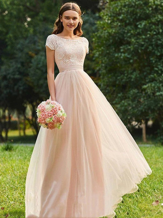 NumberSea - A - Line/Princess Tulle Lace Scoop Short Sleeves Floor - Length Bridesmaid Dresses