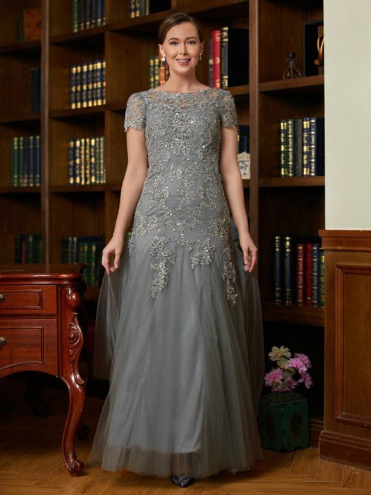 NumberSea - A - Line/Princess Tulle Lace Scoop Short Sleeves Floor - Length Mother of the Bride Dresses