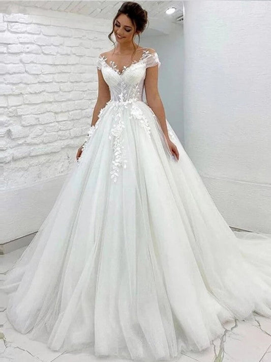 NumberSea - A - Line/Princess Tulle Lace Scoop Short Sleeves Sweep/Brush Train Wedding Dresses