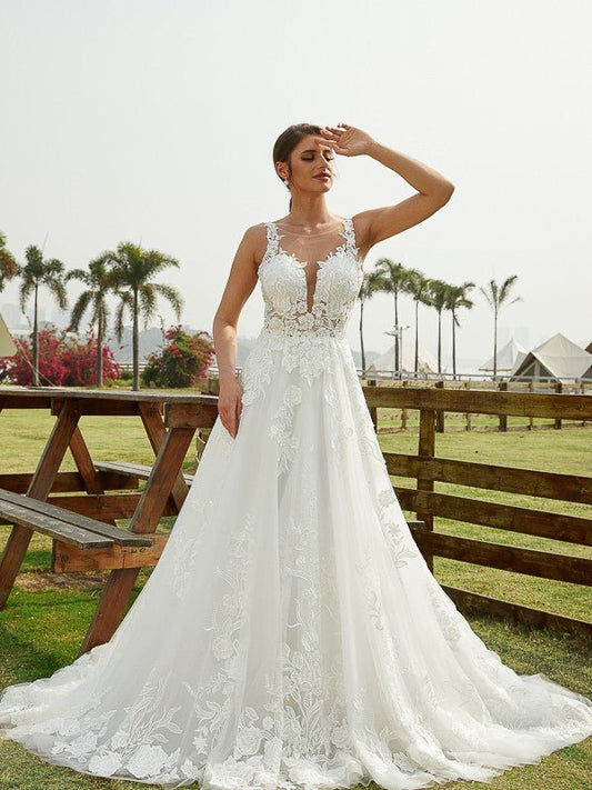 NumberSea - A - Line/Princess Tulle Lace Scoop Sleeveless Chapel Train Wedding Dresses