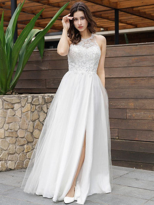 NumberSea - A - Line/Princess Tulle Lace Scoop Sleeveless Floor - Length Wedding Dresses