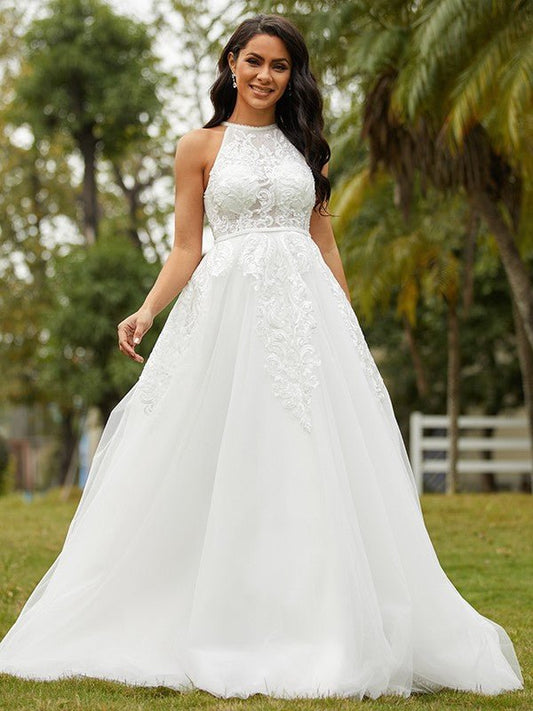 NumberSea - A - Line/Princess Tulle Lace Scoop Sleeveless Sweep/Brush Train Wedding Dresses