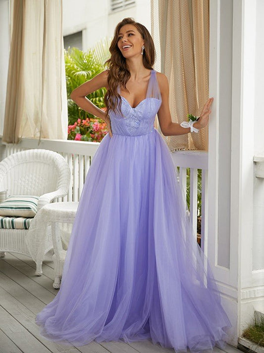 NumberSea - A - Line/Princess Tulle Lace Sweetheart Sleeveless Sweep/Brush Train Dresses