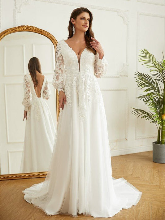 NumberSea - A - Line/Princess Tulle Lace V - neck Long Sleeves Court Train Wedding Dresses