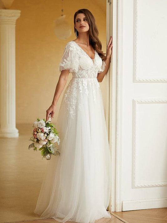 NumberSea - A - Line/Princess Tulle Lace V - neck Short Sleeves Floor - Length Wedding Dresses