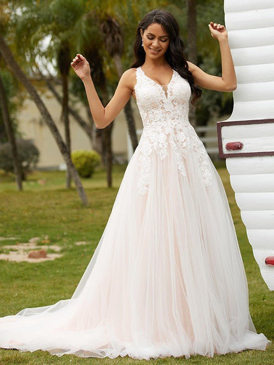 NumberSea - A - Line/Princess Tulle Lace V - neck Sleeveless Court Train Wedding Dresses