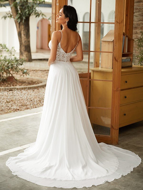 NumberSea - A - Line/Princess Tulle Lace V - neck Sleeveless Court Train Wedding Dresses