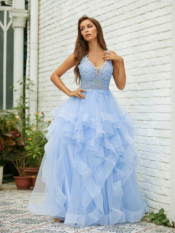 NumberSea - A - Line/Princess Tulle Lace V - neck Sleeveless Floor - Length Dresses