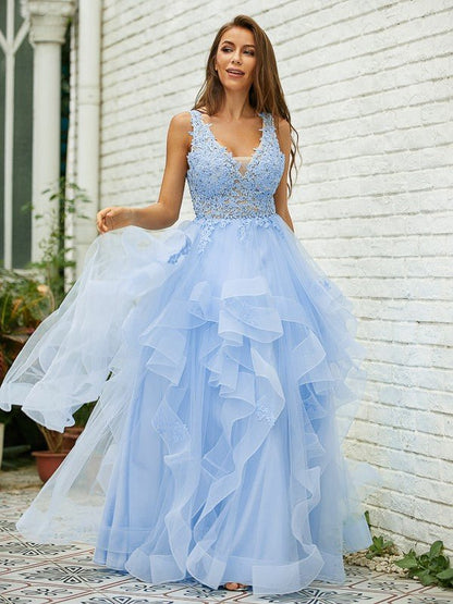 NumberSea - A - Line/Princess Tulle Lace V - neck Sleeveless Floor - Length Dresses