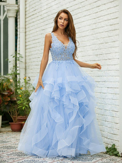 NumberSea - A - Line/Princess Tulle Lace V - neck Sleeveless Floor - Length Dresses