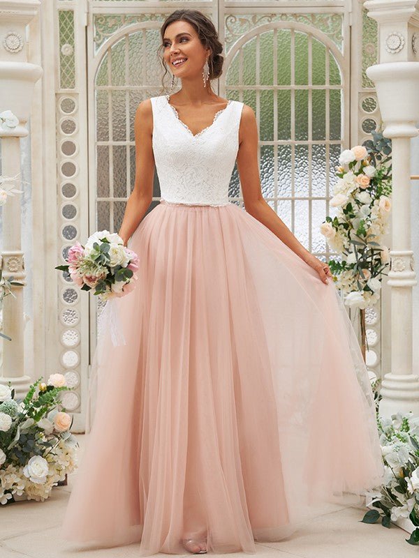 NumberSea - A - Line/Princess Tulle Lace V - neck Sleeveless Floor - Length Two Piece Bridesmaid Dresses