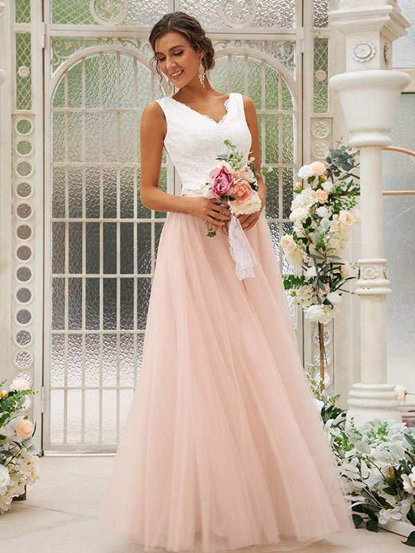 NumberSea - A - Line/Princess Tulle Lace V - neck Sleeveless Floor - Length Two Piece Bridesmaid Dresses