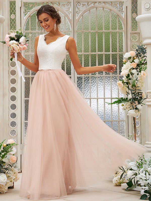 NumberSea - A - Line/Princess Tulle Lace V - neck Sleeveless Floor - Length Two Piece Bridesmaid Dresses