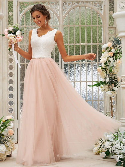 NumberSea - A - Line/Princess Tulle Lace V - neck Sleeveless Floor - Length Two Piece Bridesmaid Dresses