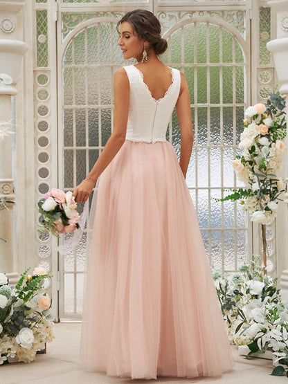 NumberSea - A - Line/Princess Tulle Lace V - neck Sleeveless Floor - Length Two Piece Bridesmaid Dresses