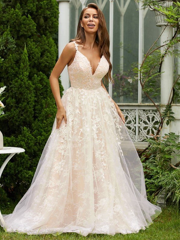 NumberSea - A - Line/Princess Tulle Lace V - neck Sleeveless Sweep/Brush Train Dresses