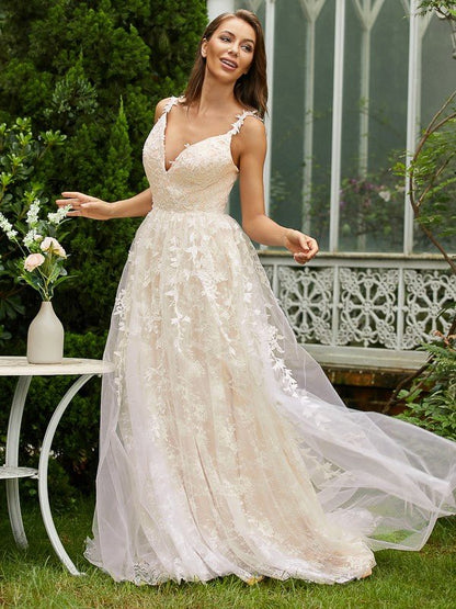 NumberSea - A - Line/Princess Tulle Lace V - neck Sleeveless Sweep/Brush Train Dresses