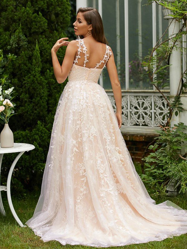 NumberSea - A - Line/Princess Tulle Lace V - neck Sleeveless Sweep/Brush Train Dresses