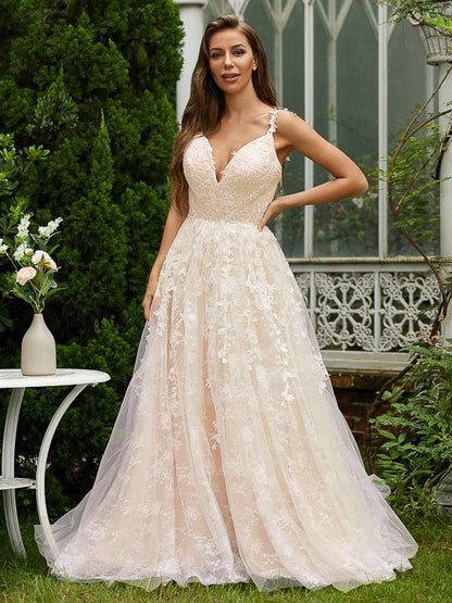 NumberSea - A - Line/Princess Tulle Lace V - neck Sleeveless Sweep/Brush Train Dresses