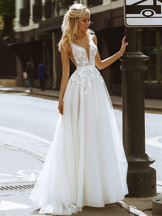 NumberSea - A - Line/Princess Tulle Lace V - neck Sleeveless Sweep/Brush Train Wedding Dresses