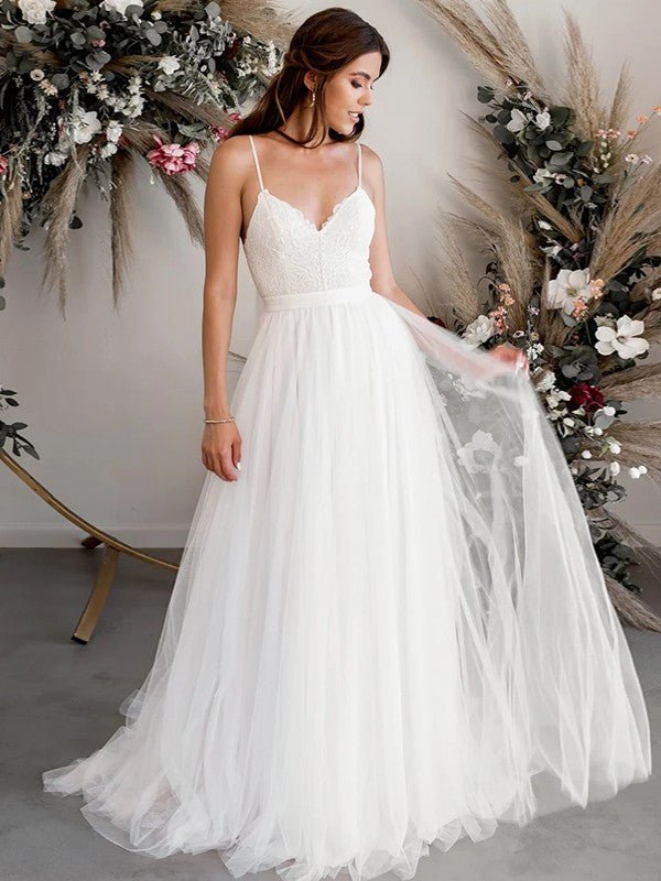 NumberSea - A - Line/Princess Tulle Lace V - neck Sleeveless Sweep/Brush Train Wedding Dresses