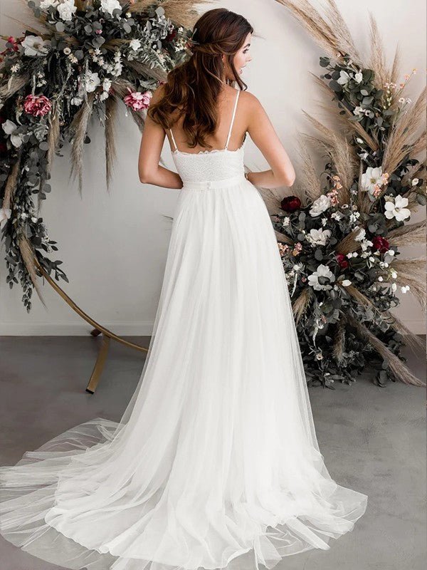 NumberSea - A - Line/Princess Tulle Lace V - neck Sleeveless Sweep/Brush Train Wedding Dresses