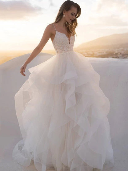 NumberSea - A - Line/Princess Tulle Lace V - neck Sleeveless Sweep/Brush Train Wedding Dresses