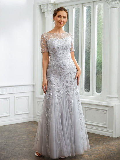 NumberSea - A - Line/Princess Tulle Ruched Bateau Short Sleeves Ankle - Length Mother of the Bride Dresses