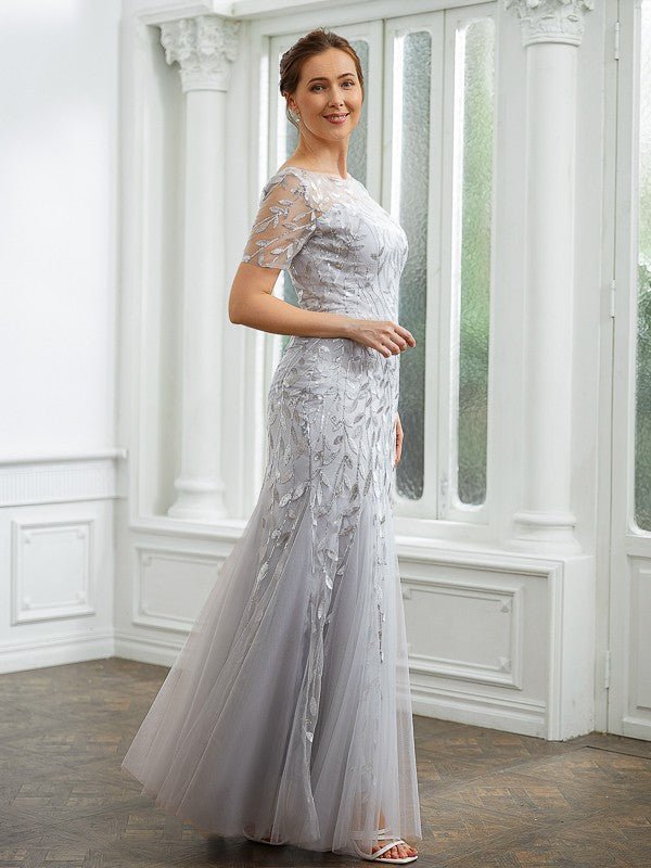 NumberSea - A - Line/Princess Tulle Ruched Bateau Short Sleeves Ankle - Length Mother of the Bride Dresses