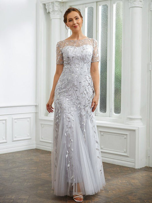 NumberSea - A - Line/Princess Tulle Ruched Bateau Short Sleeves Ankle - Length Mother of the Bride Dresses