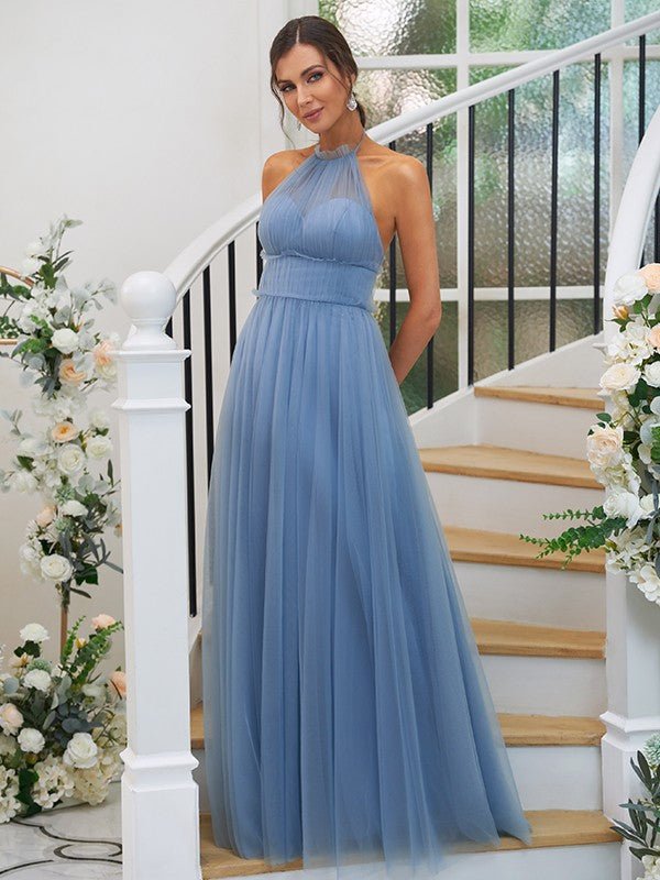 NumberSea - A - Line/Princess Tulle Ruched Halter Sleeveless Floor - Length Bridesmaid Dresses