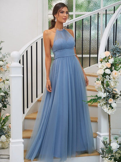 NumberSea - A - Line/Princess Tulle Ruched Halter Sleeveless Floor - Length Bridesmaid Dresses