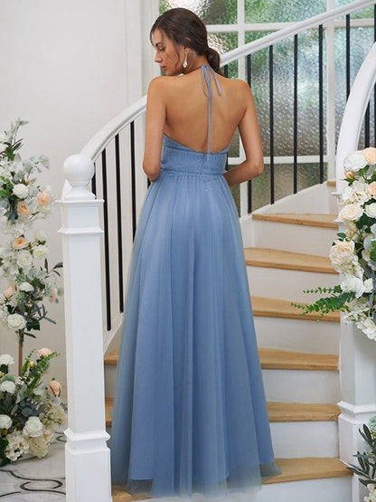 NumberSea - A - Line/Princess Tulle Ruched Halter Sleeveless Floor - Length Bridesmaid Dresses