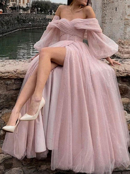 NumberSea - A - Line/Princess Tulle Ruched Off - the - Shoulder Long Sleeves Sweep/Brush Train Dresses