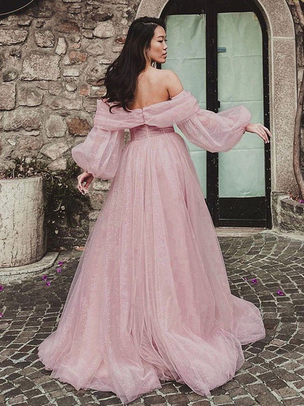 NumberSea - A - Line/Princess Tulle Ruched Off - the - Shoulder Long Sleeves Sweep/Brush Train Dresses