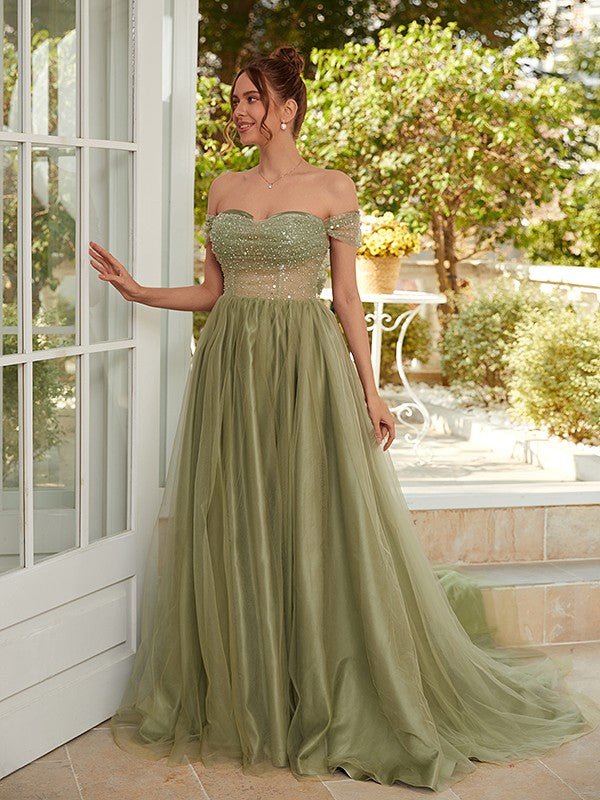 NumberSea - A - Line/Princess Tulle Ruched Off - the - Shoulder Sleeveless Court Train Dresses