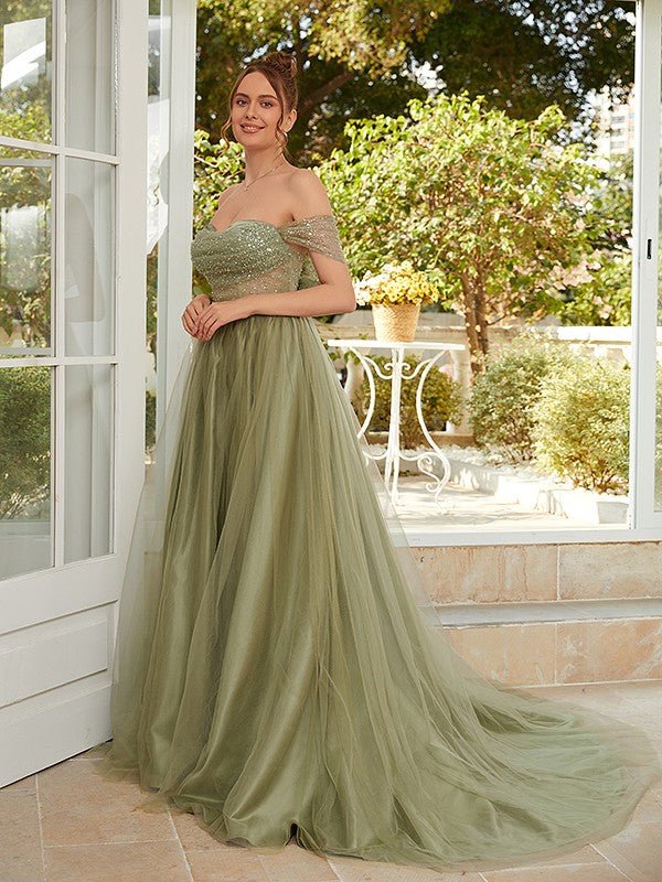 NumberSea - A - Line/Princess Tulle Ruched Off - the - Shoulder Sleeveless Court Train Dresses