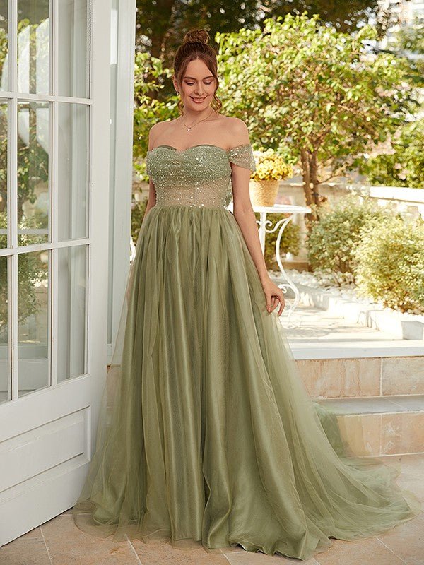 NumberSea - A - Line/Princess Tulle Ruched Off - the - Shoulder Sleeveless Court Train Dresses